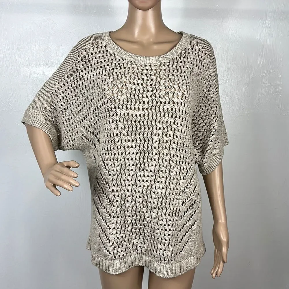 J. Jill Pure Jill Beige Cotton Open Knit Crochet Short Sleeve Sweater Size MP